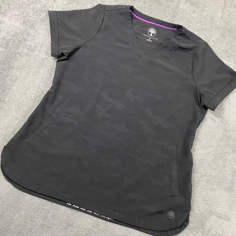 Healing Hands Womens M Joy Scrub Top Black Camo Purple Label V-Neck 2353